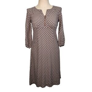 Boden Floral Polka Dot 3/4 Sleeve Dress 6L / UK 10L Button Front Taupe White‎